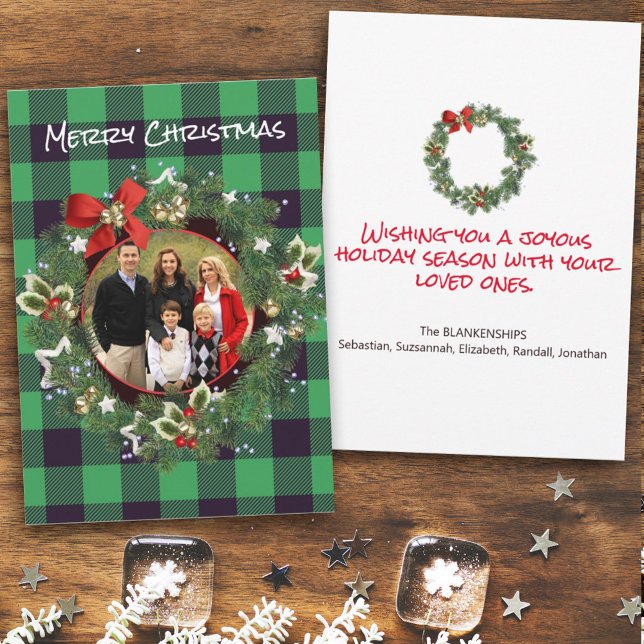 Buffalo Plaid Custom Photo Christmas Wreath Happy Holiday Card (Creator Uploaded)