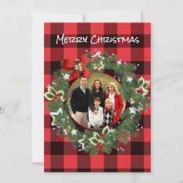Buffalo Plaid Custom Photo Christmas Wreath Holiday Card