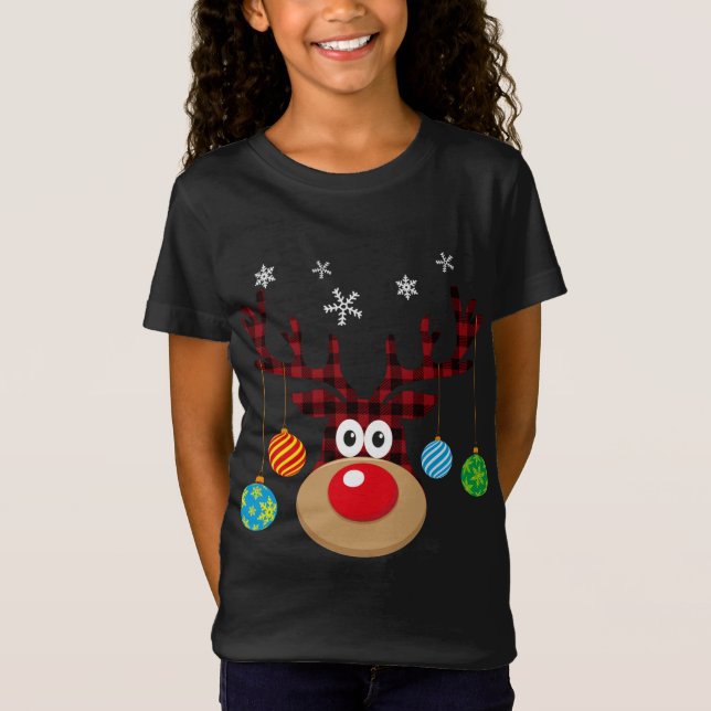 Buffalo Plaid Cute Reindeer Christmas Ornaments Sn T-Shirt (Front)