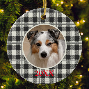 Buffalo Plaid Dark Grey and Buttercream Photo Date Ceramic Tree Decoration