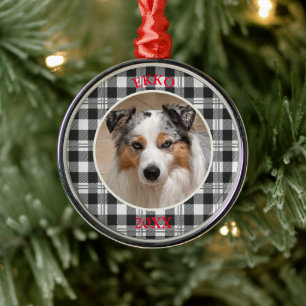 Buffalo Plaid Dark Grey and White Photo Date Metal Tree Decoration