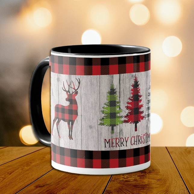 Buffalo Plaid Deer Christmas Trees on Wood Mug (Creator Uploaded)