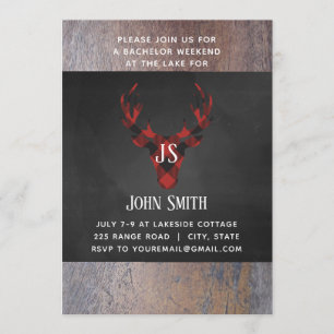 Buffalo Plaid Deer Head Monogram Bachelor Party Invitation