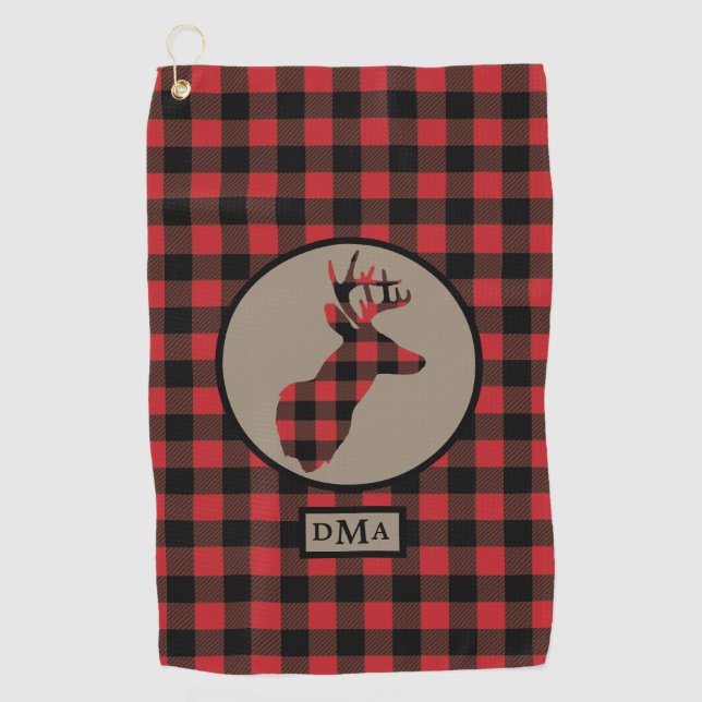 Buffalo Plaid Deer Head Monogram Golf Towel (Front)