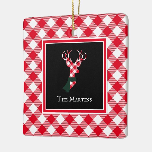 Buffalo Plaid Deer Personalised Christmas Ceramic Ornament (Left)