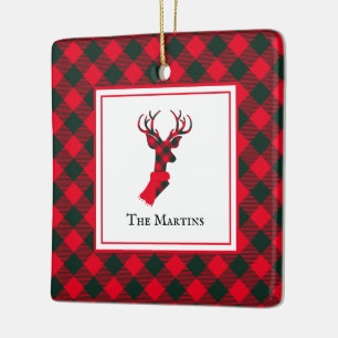 Buffalo Plaid Deer Red Personalised Christmas Ceramic Ornament