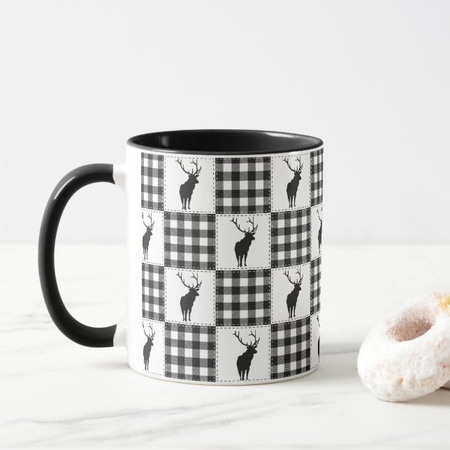 Buffalo Plaid Deer Rustic Woodland Pattern Mug (With Donut)