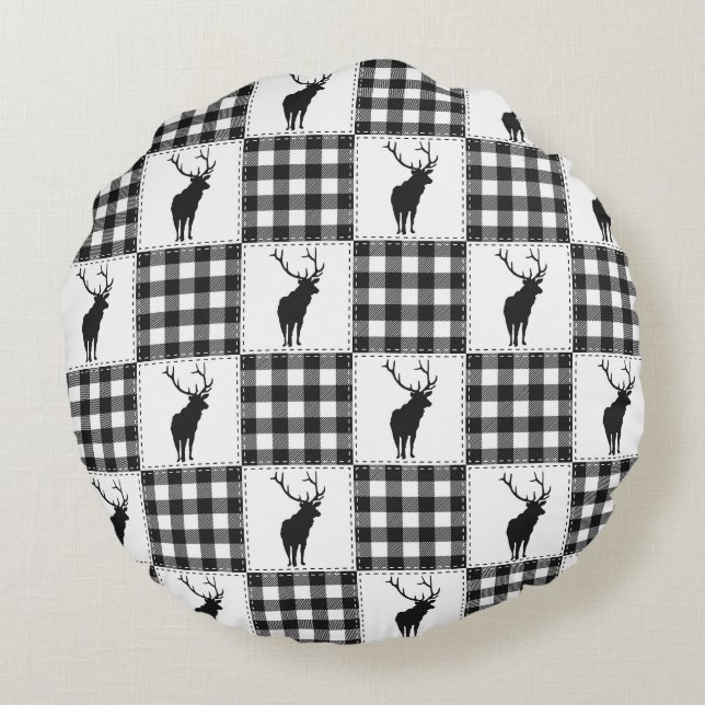 Buffalo Plaid Deer Rustic Woodland Pattern Round Cushion (Back)