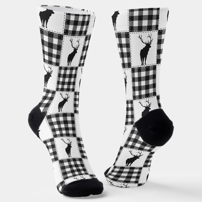 Buffalo Plaid Deer Rustic Woodland Pattern Socks (Angled)