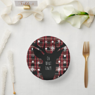 Buffalo Plaid Deer Snowflakes Christmas Party Paper Plate