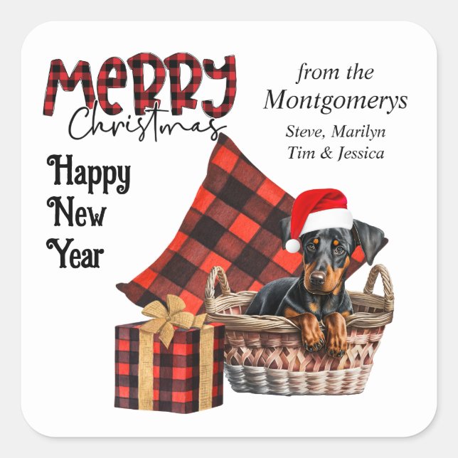 Buffalo Plaid Doberman Pinscher Puppy Holiday Square Sticker (Front)