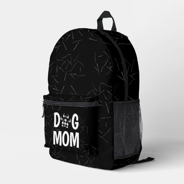 Buffalo Plaid DOG MOM Paw Print and Hair Printed Backpack (Back Corner Right)