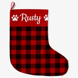 Buffalo Plaid Dog Name and Paws Large Christmas Stocking
