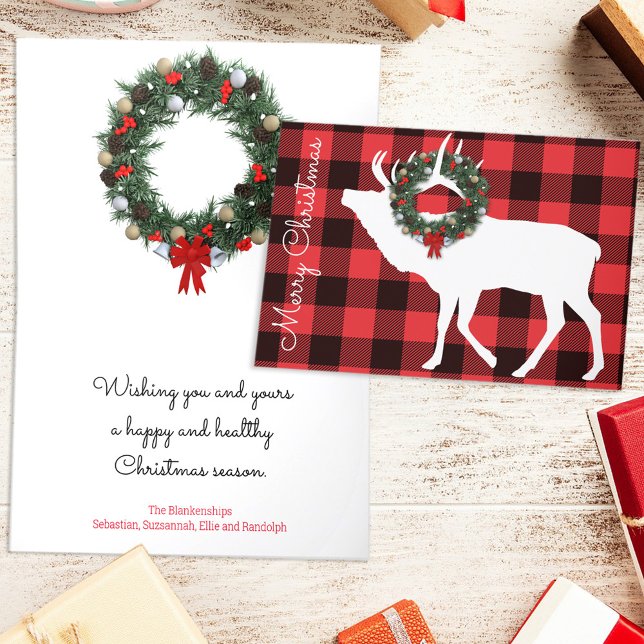 Buffalo Plaid Elk Christmas Wreath Custom Holiday Card (Creator Uploaded)