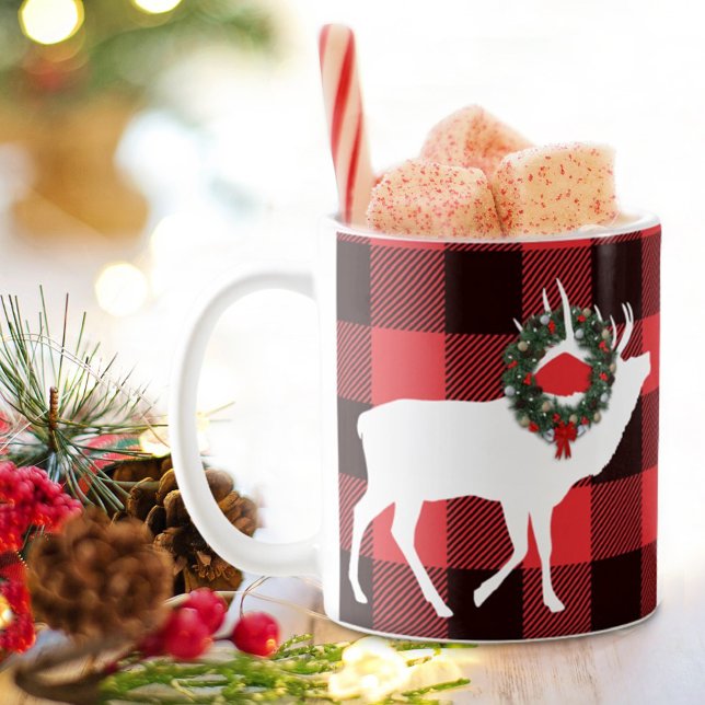 Buffalo Plaid Elk Silhouette Christmas Wreath Coffee Mug (Creator Uploaded)