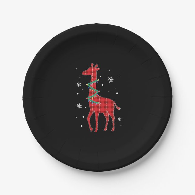 Buffalo Plaid Family Matching Giraffe Christmas Pa Paper Plate (Front)