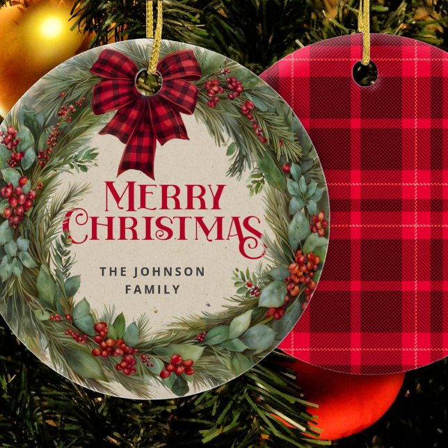 Buffalo Plaid Farmhouse Christmas Wreath Holly Ceramic Tree Decoration (Creator Uploaded)