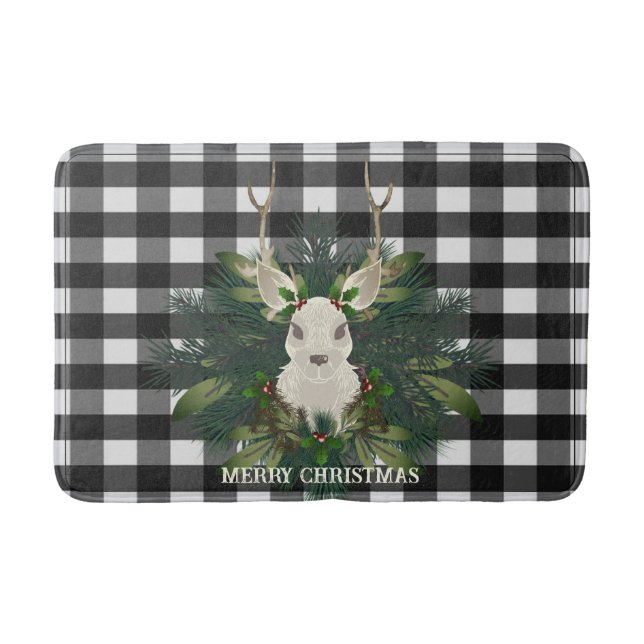 Buffalo Plaid Festive Reindeer Christmas Holiday Bath Mat (Front)