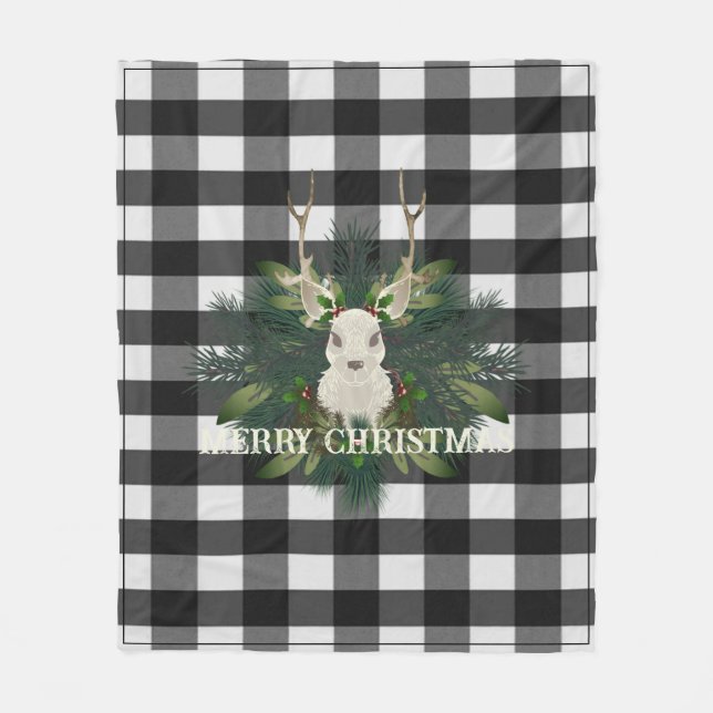 Buffalo Plaid Festive Reindeer Christmas Holiday Fleece Blanket (Front)