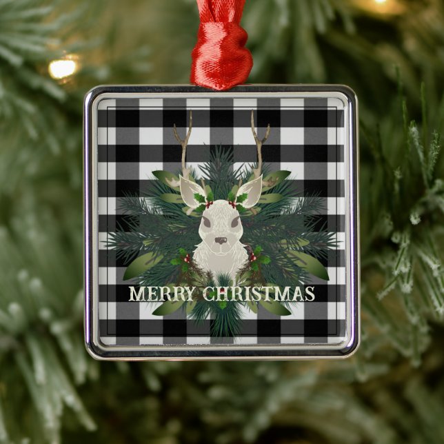 Buffalo Plaid Festive Reindeer Christmas Metal Tree Decoration (Tree)