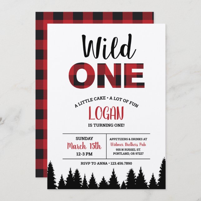 Buffalo Plaid First Birthday Invitation - Wild One (Front/Back)