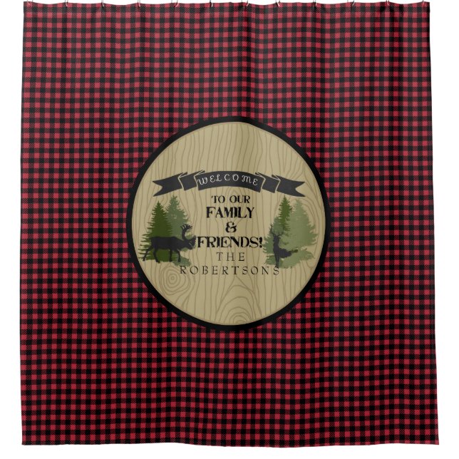 Buffalo Plaid Forest Mountain Lake Cabin Decor Shower Curtain (Front)