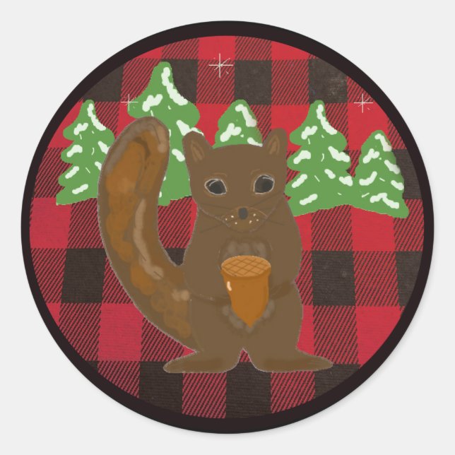 Buffalo Plaid Forest Squirrel Round Sticker (Front)
