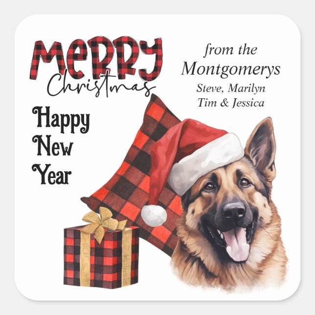 Buffalo Plaid German Shepherd Dog Christmas Square Sticker (Front)