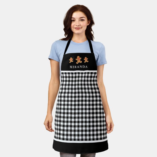 Buffalo Plaid Gingerbread Men With Name Christmas Apron (Worn)