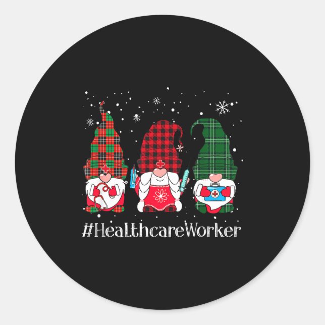 Buffalo Plaid Gnome Healthcare Worker Nurse Christ Classic Round Sticker (Front)