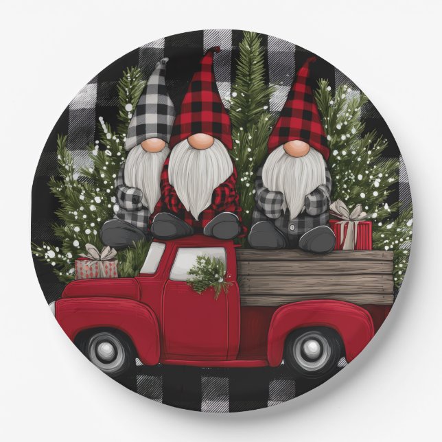 Buffalo Plaid Gnomes Holiday Truck Paper Plates (Front)