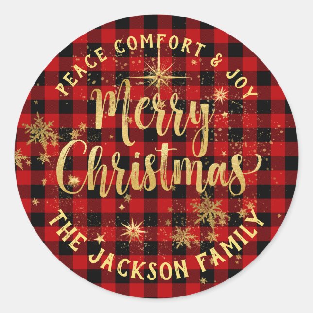 Buffalo Plaid Gold Calligraphy Merry Christmas Classic Round Sticker (Front)