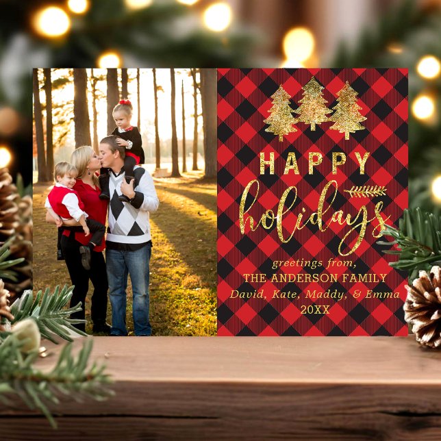 Buffalo Plaid Gold Happy Holidays Photo Card (Creator Uploaded)