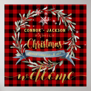 Buffalo Plaid Gold Script Family Christmas Welcome Poster