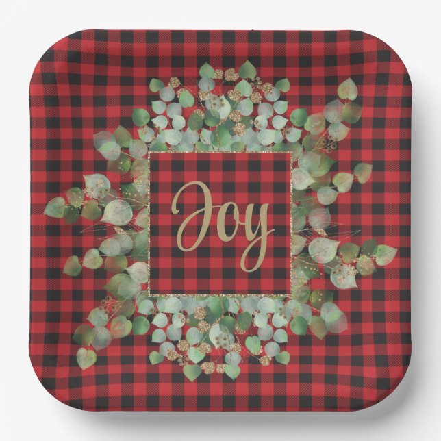 Buffalo Plaid Gold Sparkle Eucalyptus Custom  Paper Plate (Front)