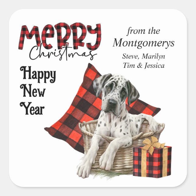 Buffalo Plaid Great Dane Puppy Christmas Square Sticker (Front)