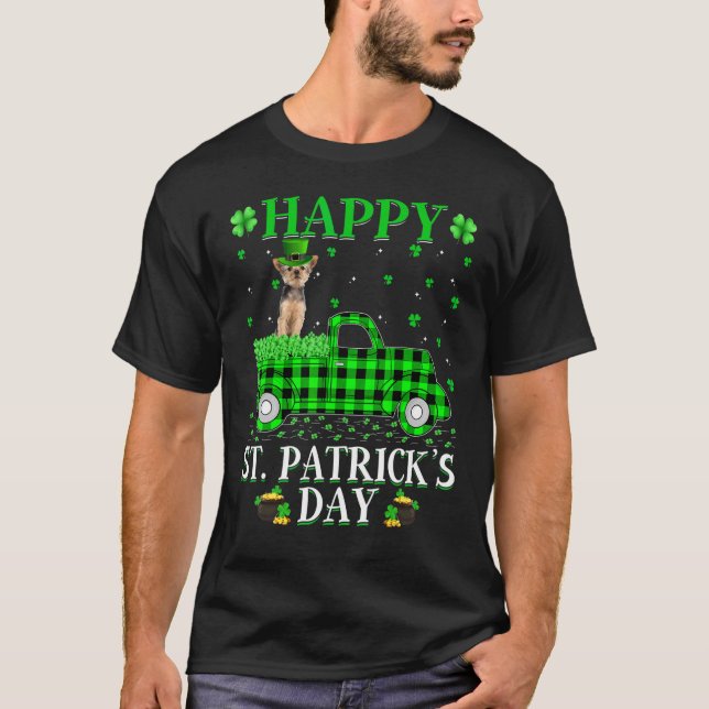 Buffalo Plaid Green Truck Yorkie Dog St  Patrick's T-Shirt (Front)