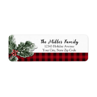 Buffalo plaid greenery holiday return address