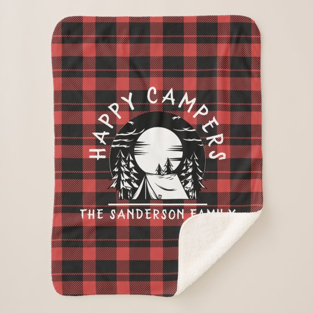 Buffalo Plaid Happy Campers Family Name Camping Sherpa Blanket (Front)