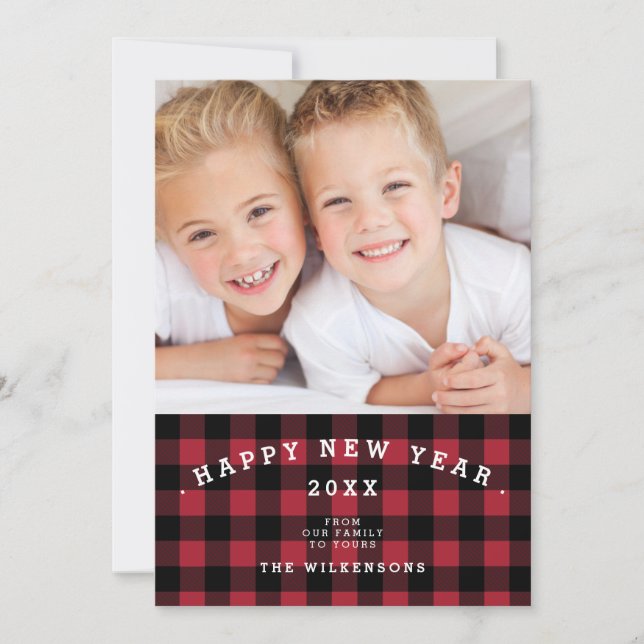 Buffalo Plaid Happy New Year Two Photo Card (Front)