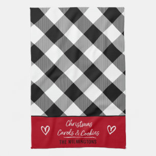 Buffalo Plaid Heart Christmas Carols and Cookies K Tea Towel