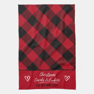 Buffalo Plaid Heart Christmas Carols and Cookies Tea Towel