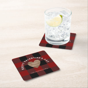 Buffalo Plaid Heart Valentines Day Personalised Square Paper Coaster