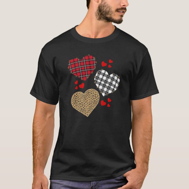 Buffalo Plaid Hearts Valentines Day Leopard Cheeta T-Shirt (Front)