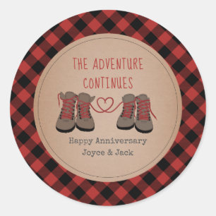 Buffalo Plaid Hiking Boots Adventure Anniversary Classic Round Sticker