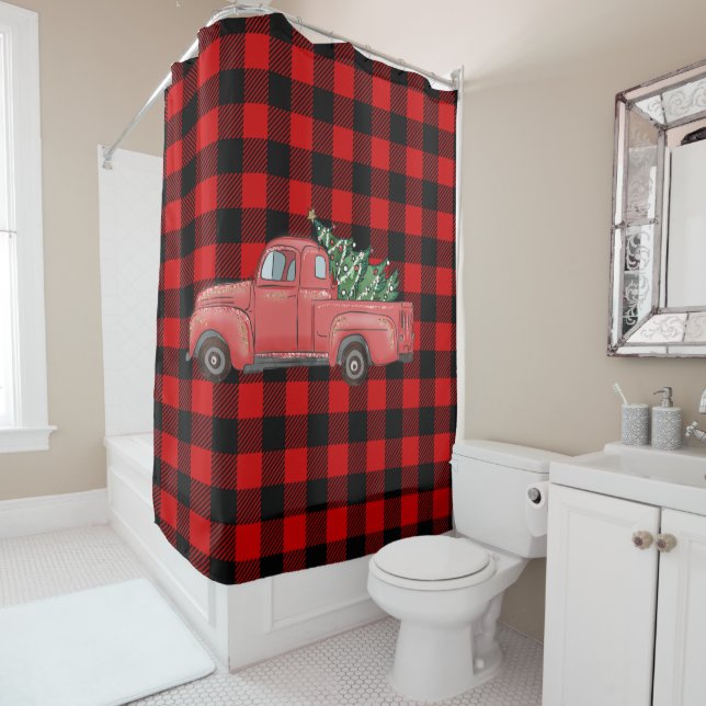 Buffalo Plaid Holiday Christmas Truck Shower Curtain (In Situ)