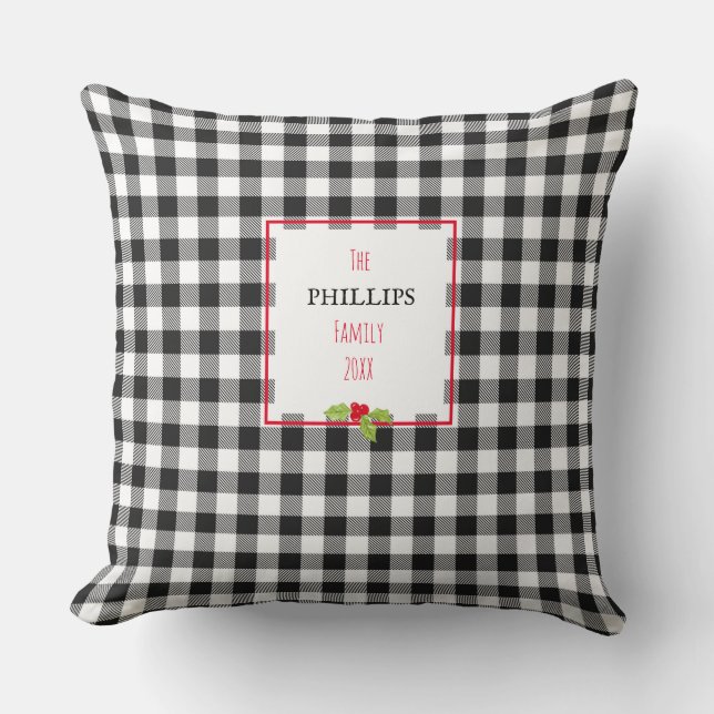 Buffalo Plaid Holly Christmas Family Name Festive  Cushion (Front)