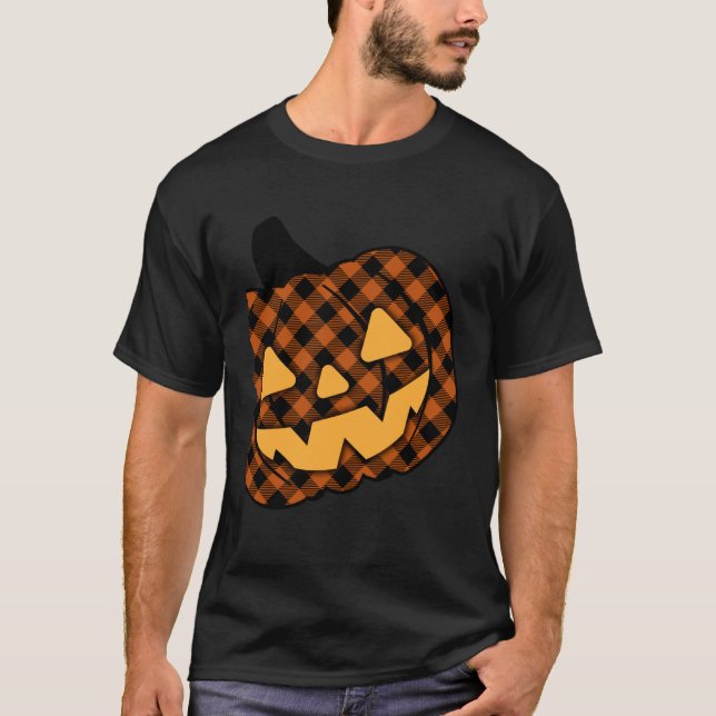 Buffalo Plaid Jack-O-Lantern Cute Fall Pumpkin T-Shirt (Front)