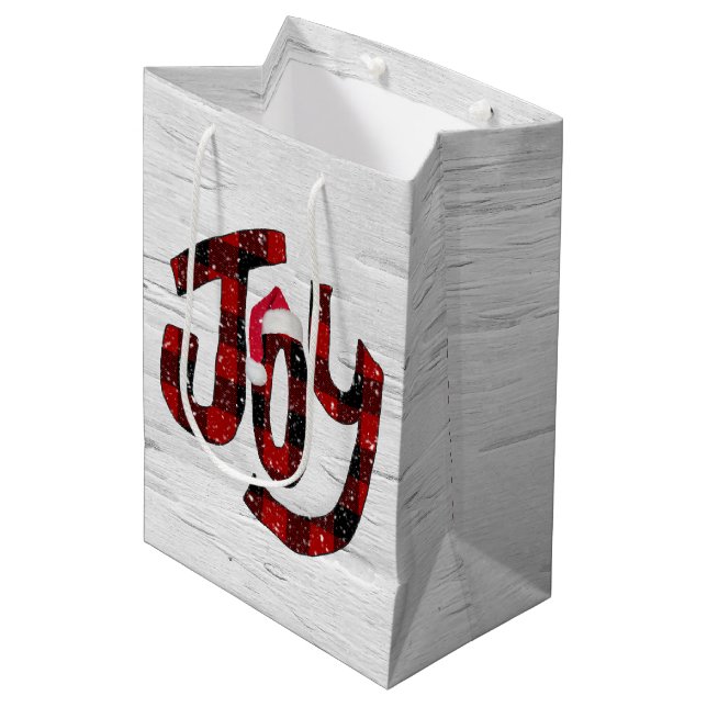 Buffalo Plaid Joy On White Birch Medium Gift Bag (Front Angled)