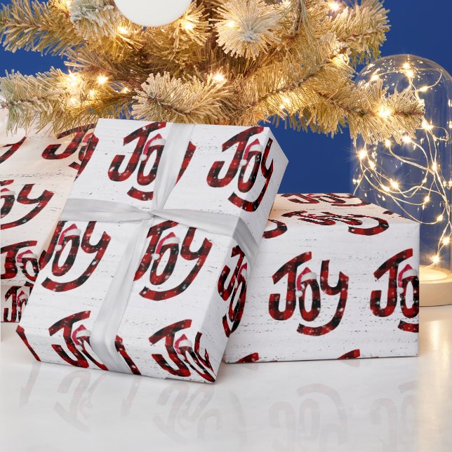 Buffalo Plaid Joy On Whitewashed Wood  Wrapping Paper (Holidays)